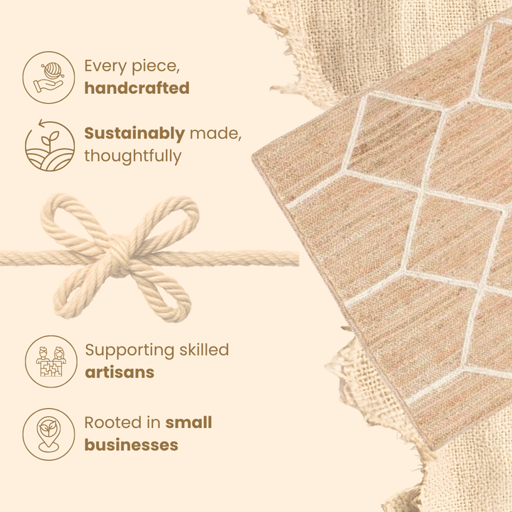 Text about handcrafted, sustainably made products with a geometric patterned fabric.