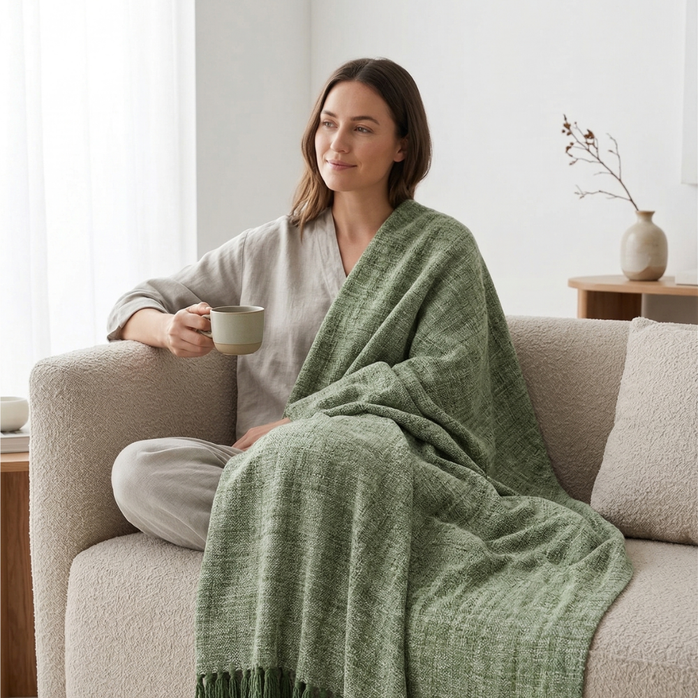 Woman sitting on a couch wrapped in a green blanket, holding a mug.