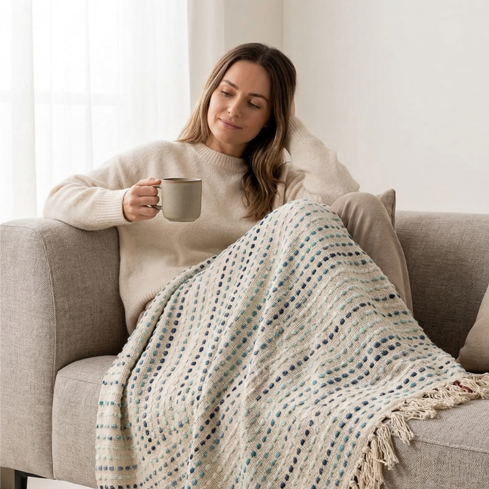 Woman sitting on a couch with a textured blanket and holding a mug.