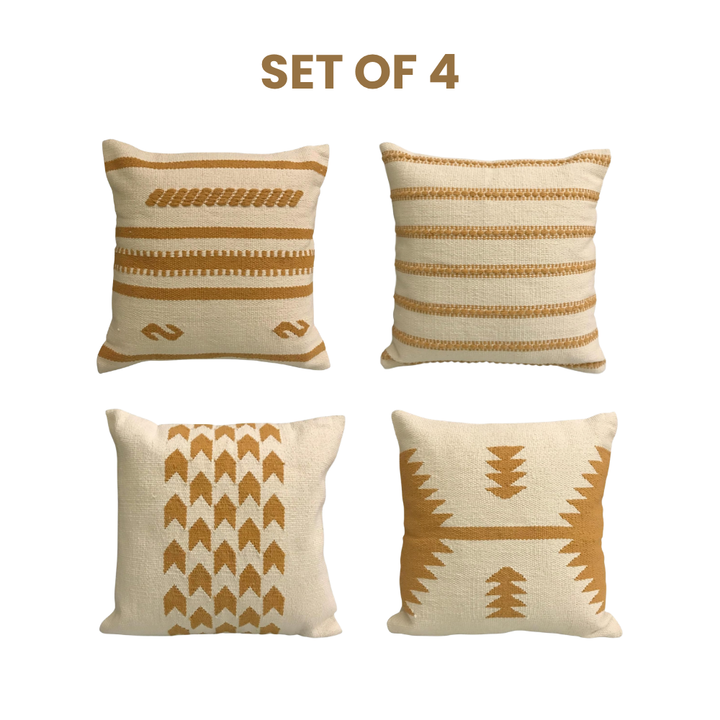 Pure Yellow tan Cotton Cushion Covers, Family Design (Set of 4)