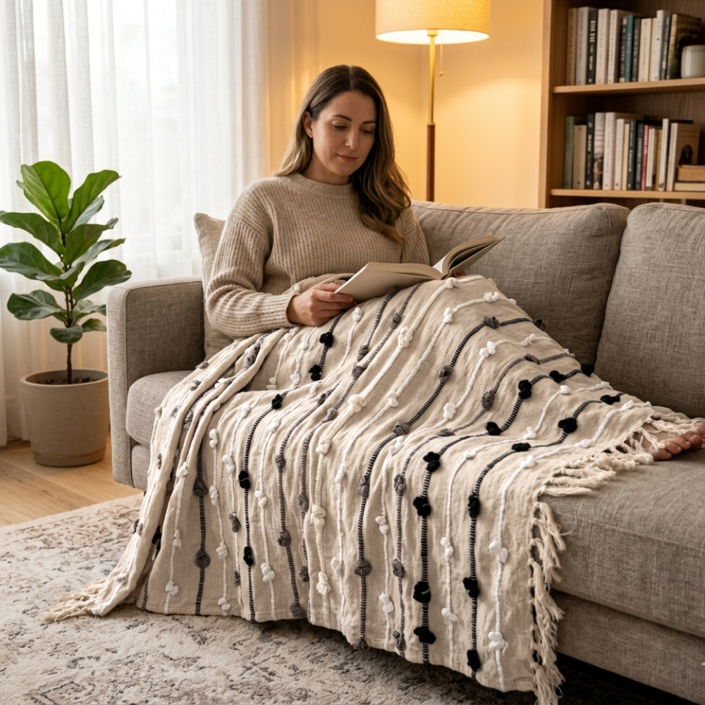 Classic Black & White Cotton Sofa Throw 50x60in