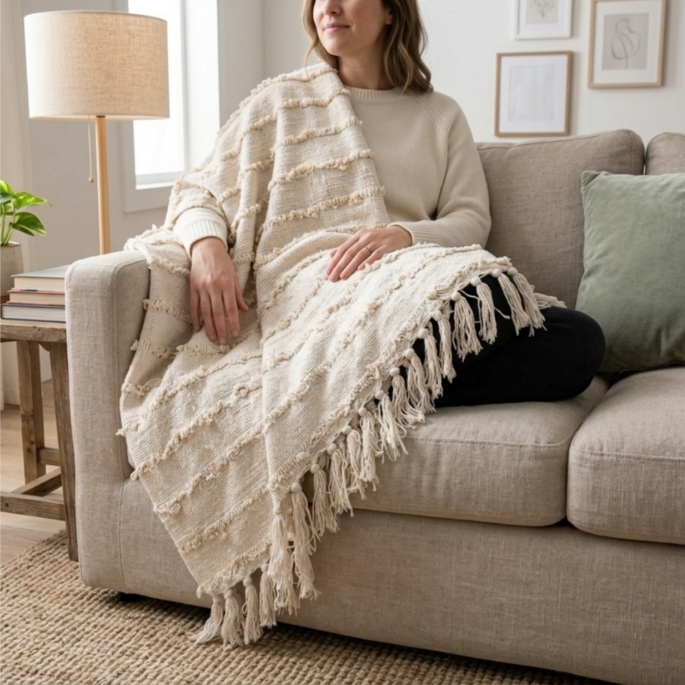 Beige Striped Cotton Sofa Throw 50x60in