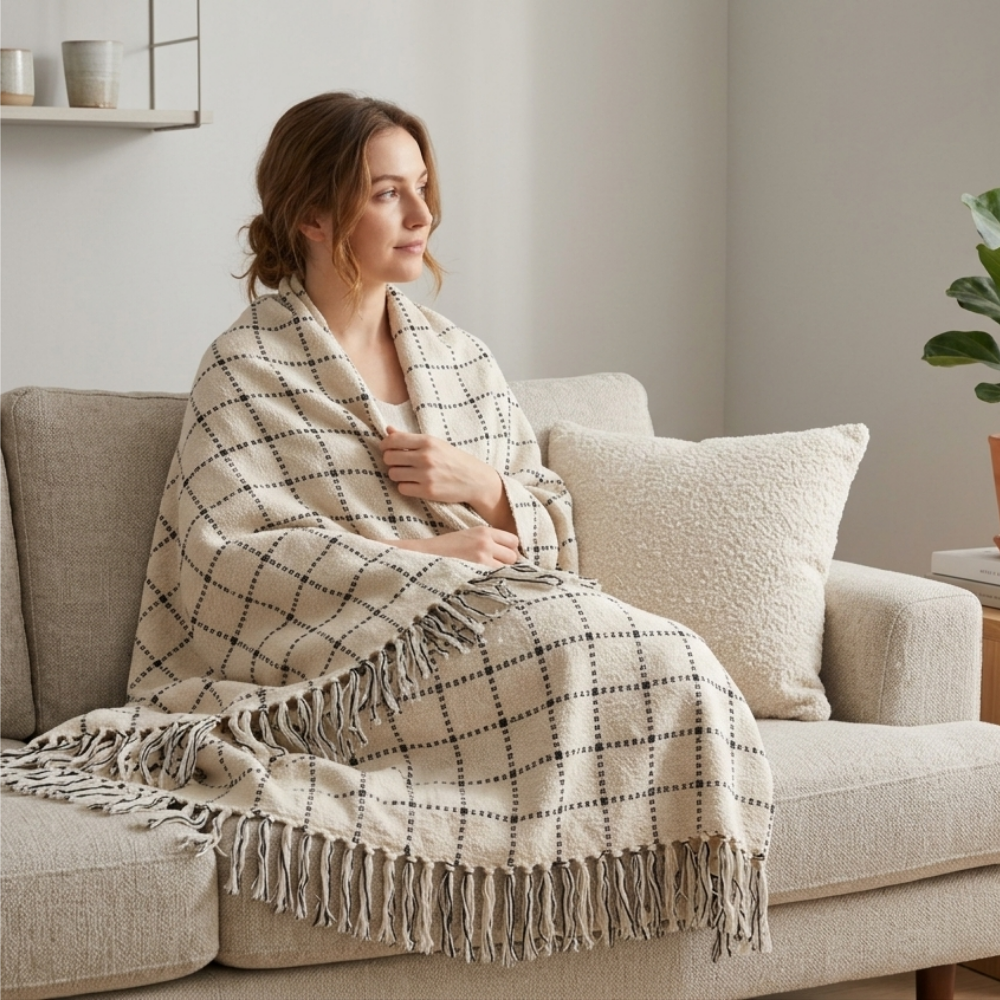Black Checked Cotton Sofa Throw 50x70in