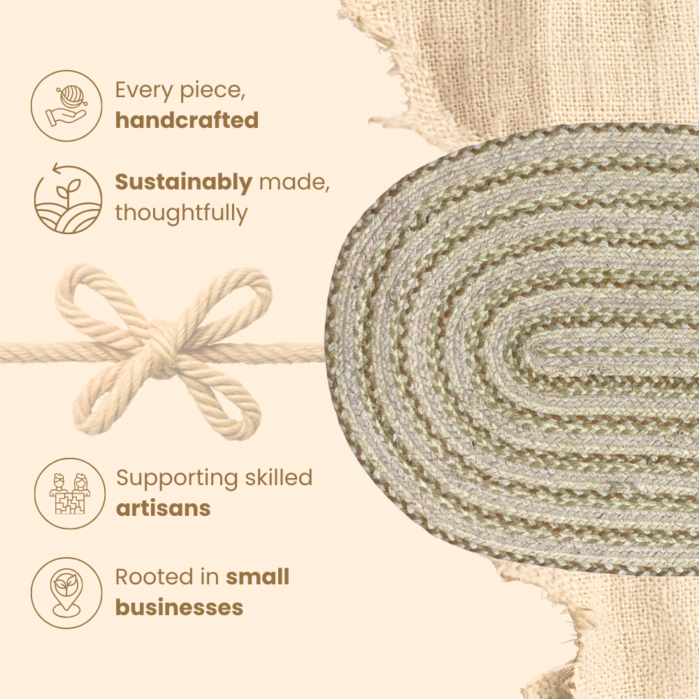 Text about handcrafted, sustainably made products with a close-up of a woven mat.