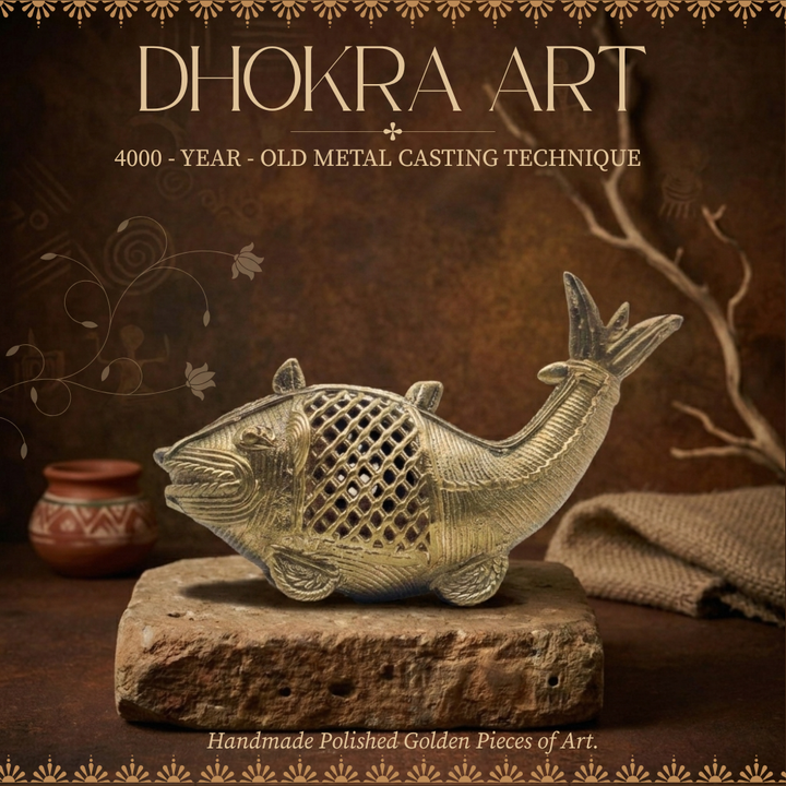 Handmade Dhokra Golden Fish Statue