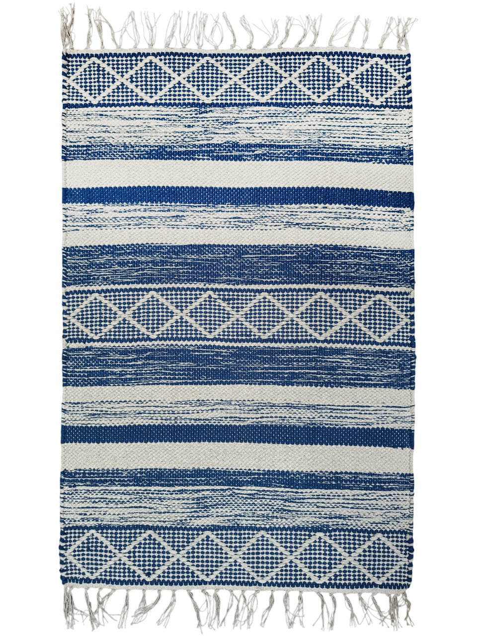 Blue and white striped rug with geometric patterns and fringes on a white background