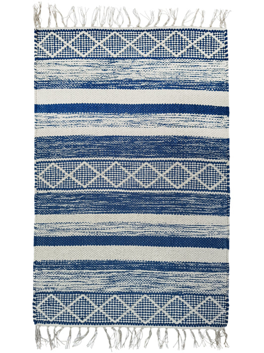 DivineHandicrafts Cotton Chindi Rag Rug, Blue Striped Pattern, Reversible Floor Mat, 60 x 90 cm