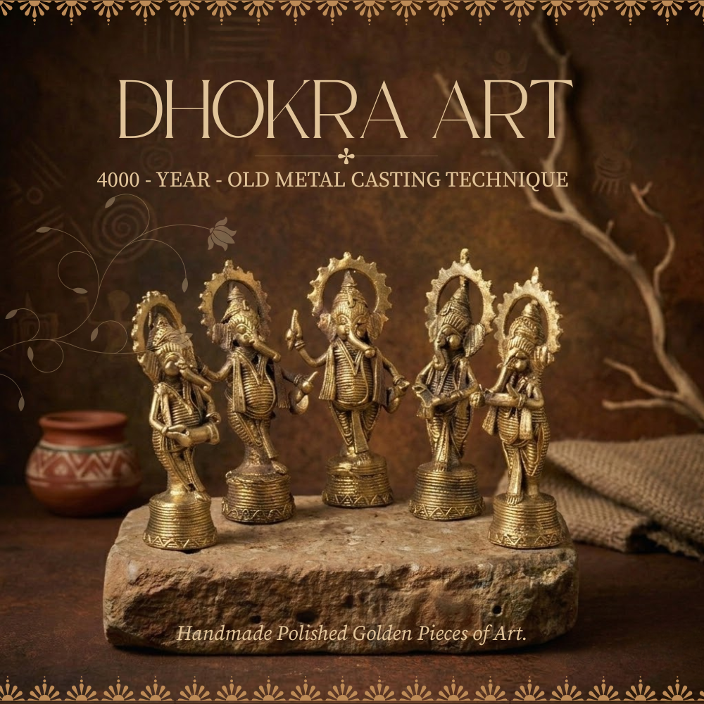 Handmade Dhokra Lord Ganesh Brass Figurine (Set of 5)
