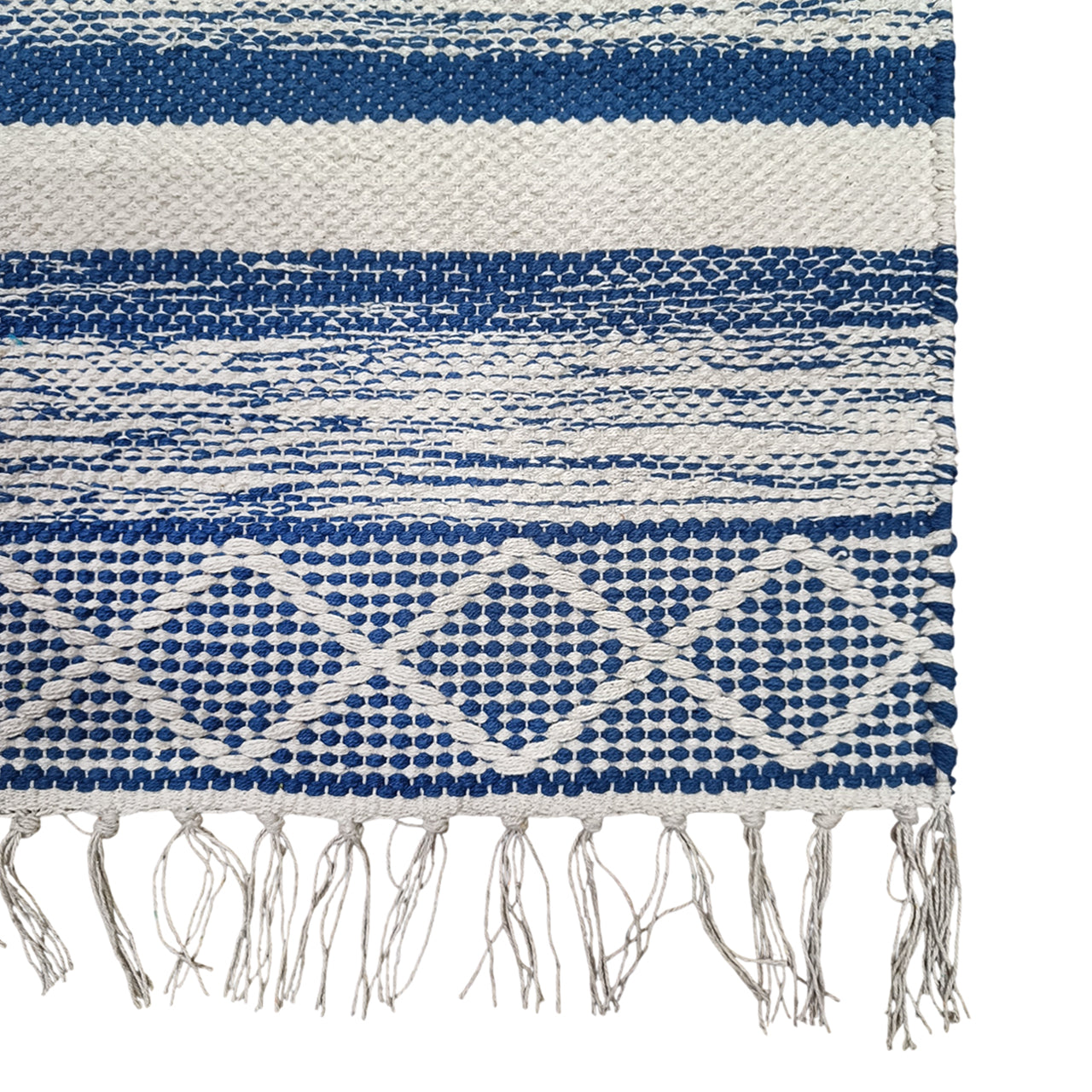 Woven blanket with blue and white stripes and fringes on a white background