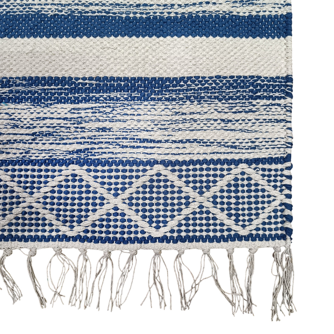 Woven blanket with blue and white stripes and fringes on a white background