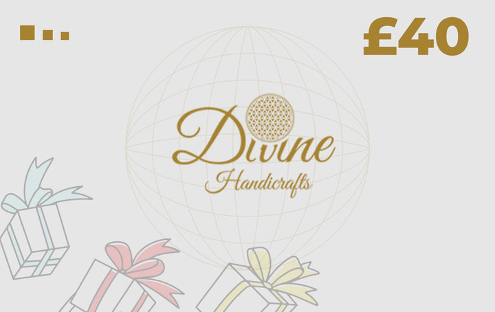 Divine Handicrafts £40 gift card with gold logo and festive design
