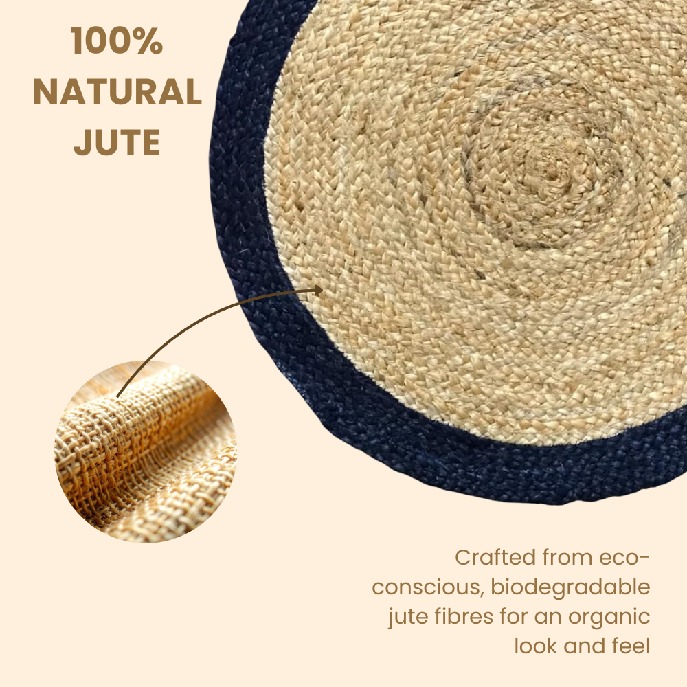 Handwoven Round Jute Rug Beige & Blue Border 60cm