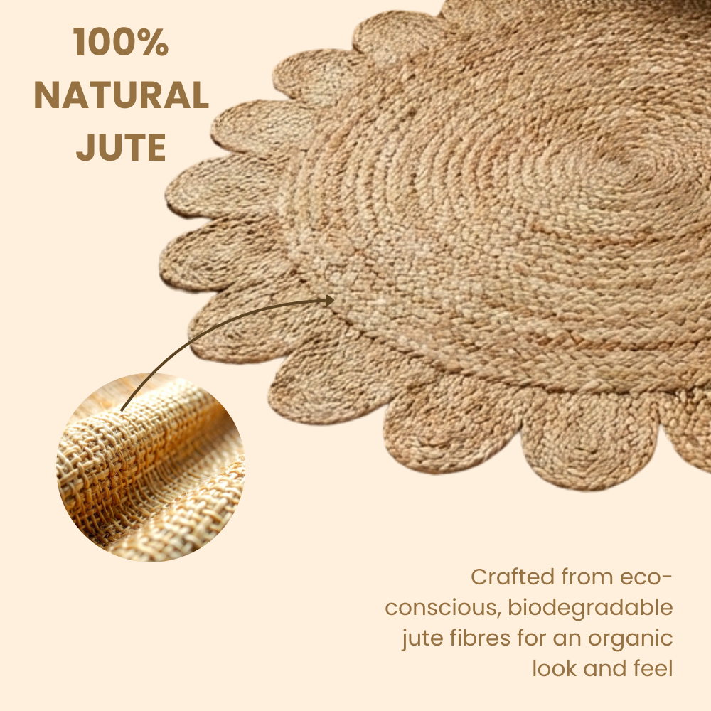 Divine Handicrafts Hibiscus Flower Shaped Eco-Friendly Round Beige Jute Rug