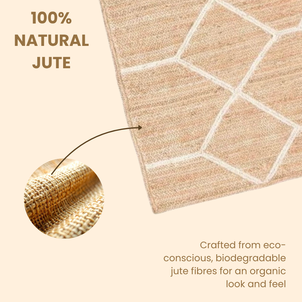 Beige jute rug with geometric pattern and close-up of jute fiber on beige background