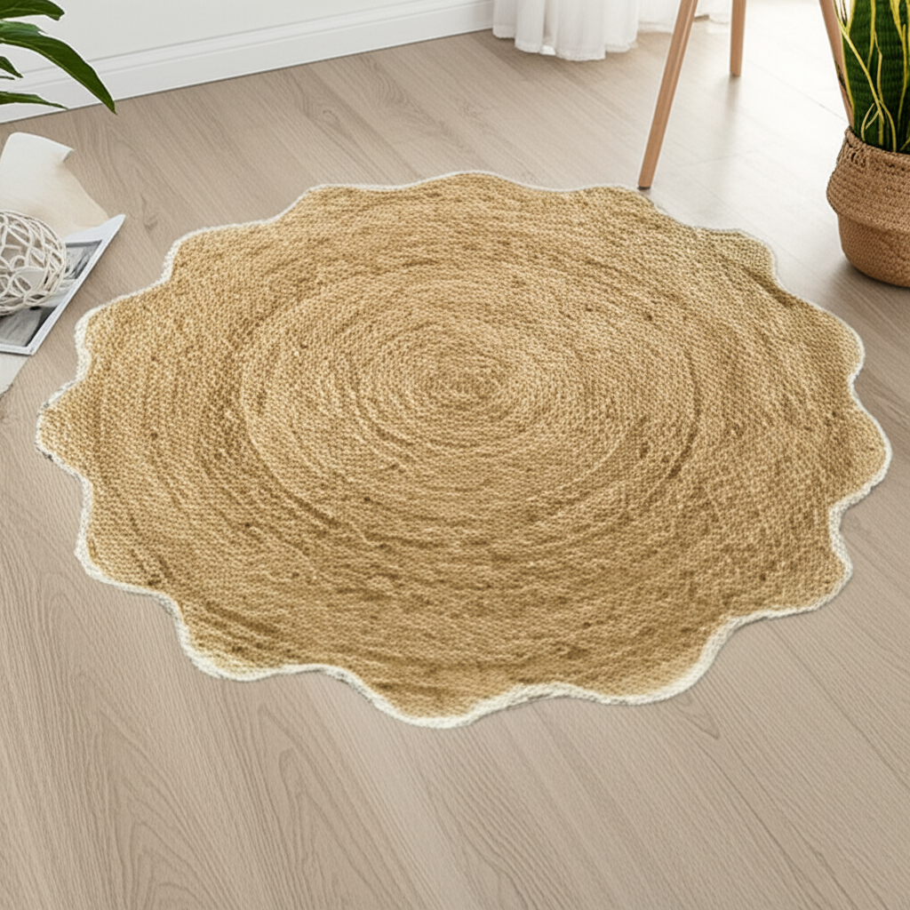 Round beige rug on a wooden floor with minimal decor
