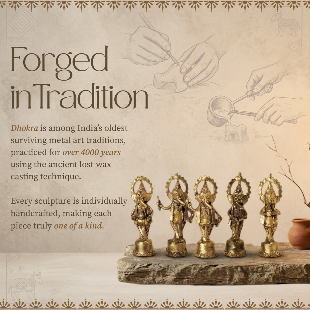 Handmade Dhokra Lord Ganesh Brass Figurine (Set of 5)