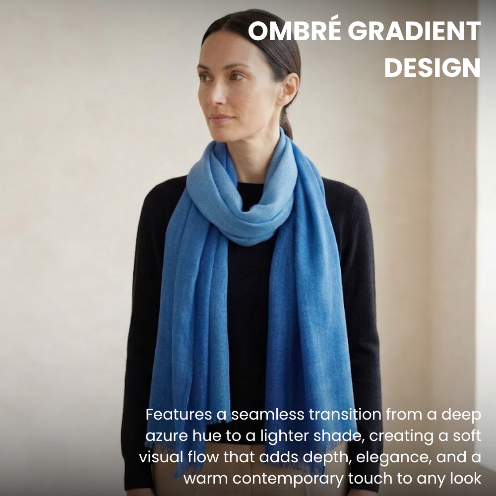 Navy Blue Wool Ombré Scarf, Handloom 70x180cm