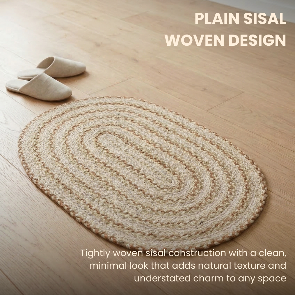 Plain sisal woven design rug on a wooden floor with text describing its construction and appearance.