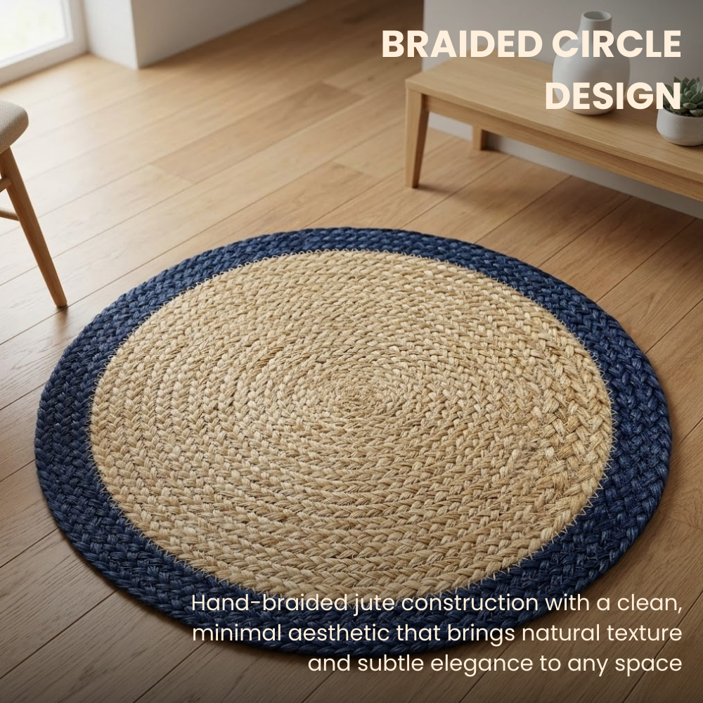 Handwoven Round Jute Rug Beige & Blue Border 60cm