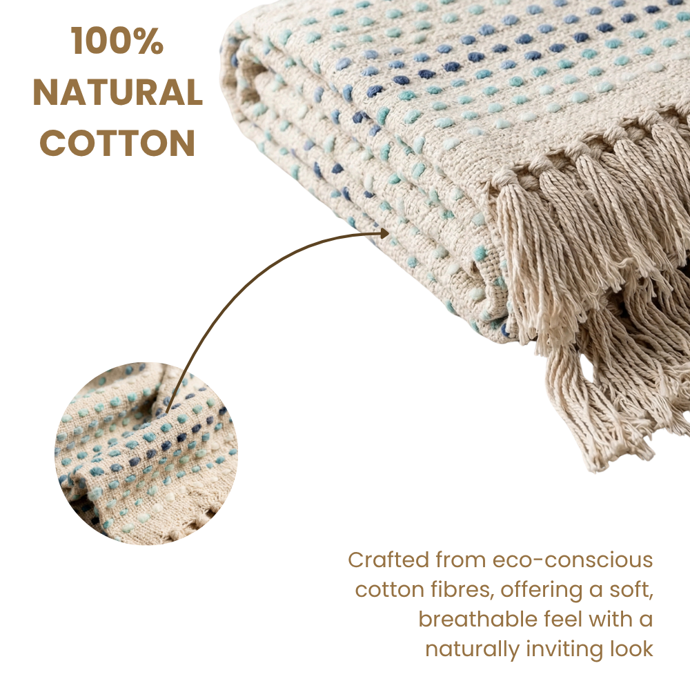 Textured blanket with fringes and '100% Natural Cotton' label on a white background