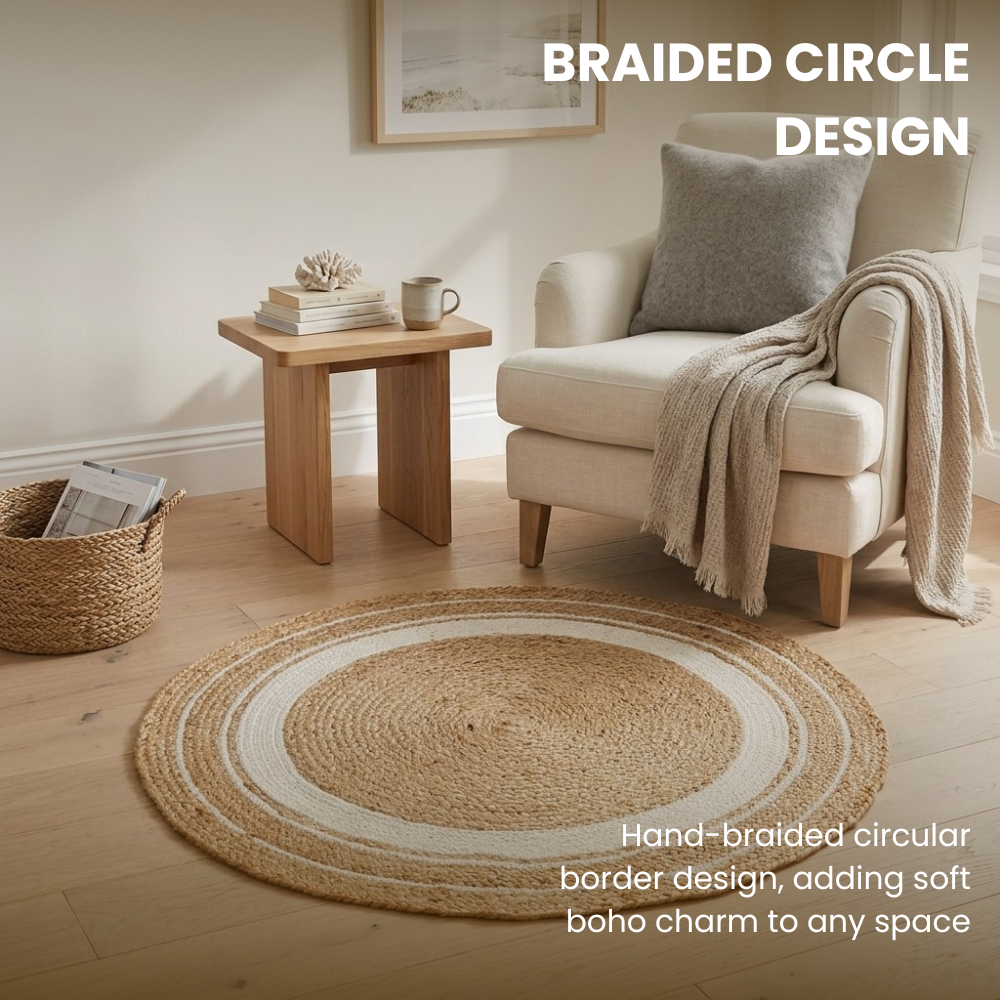 Handmade Natural Jute Boho Rug, Duck Egg Circle