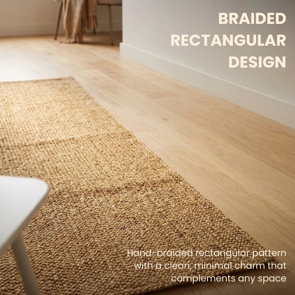 Braided rectangular design rug on a wooden floor with text describing its features.