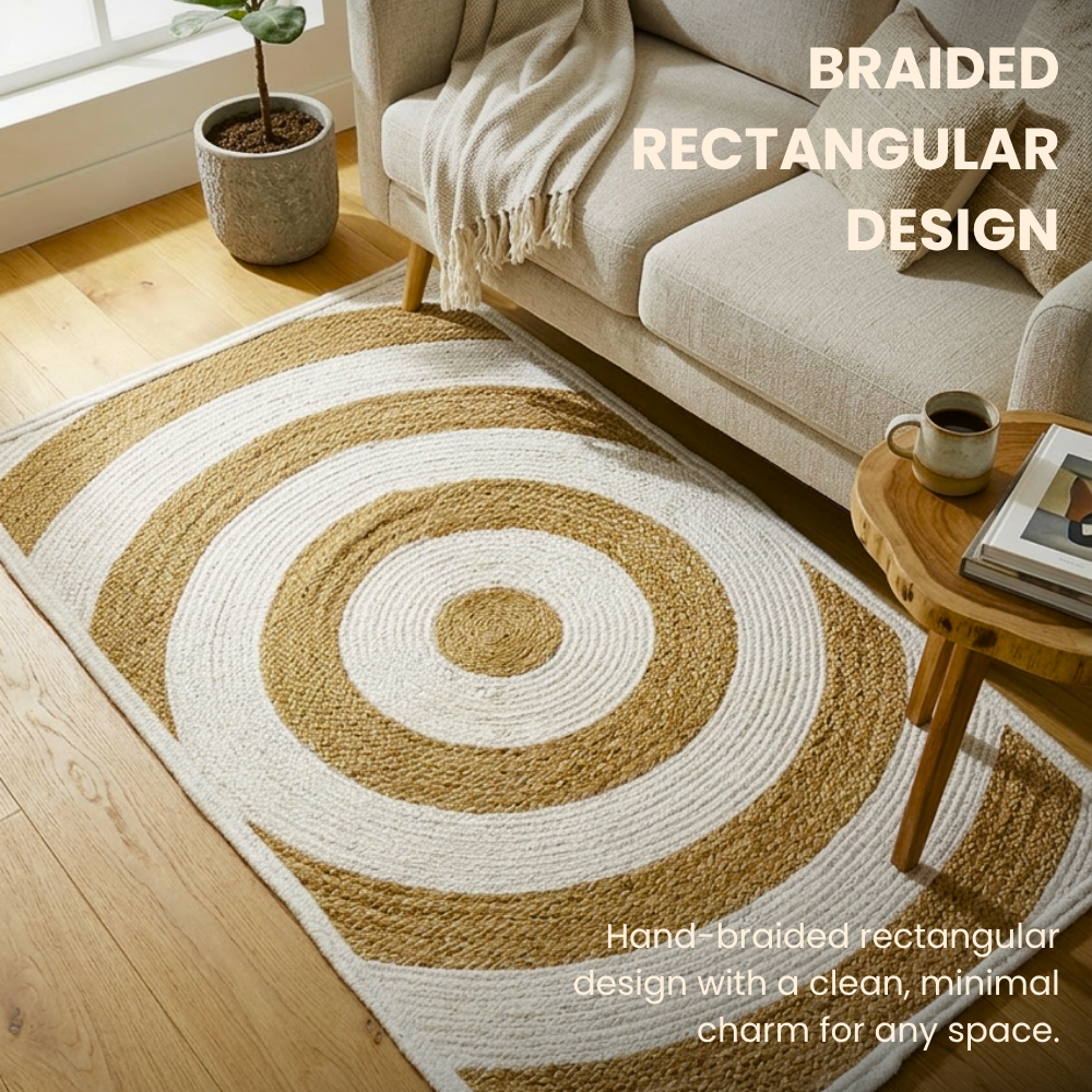 Braided rectangular design rug in a living room setting with a sofa and coffee table.