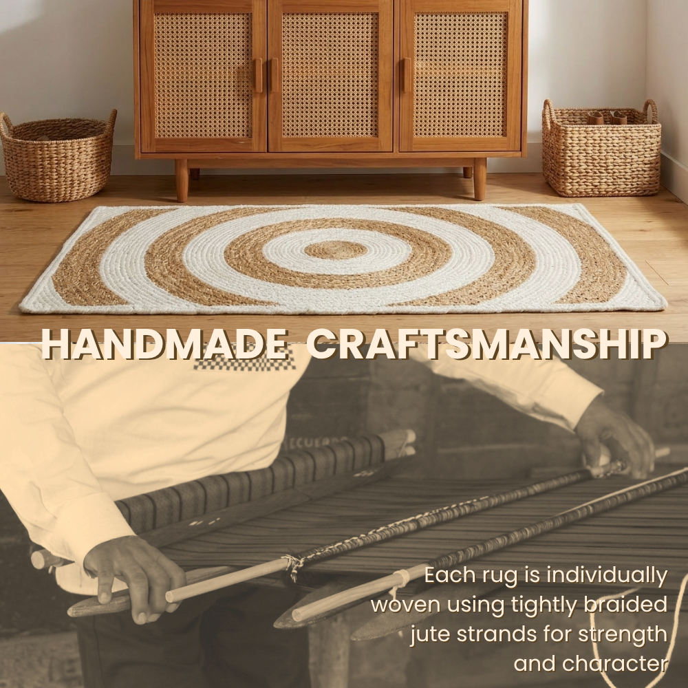 Handmade rug with woven pattern and text highlighting craftsmanship, set against a wooden cabinet and baskets.