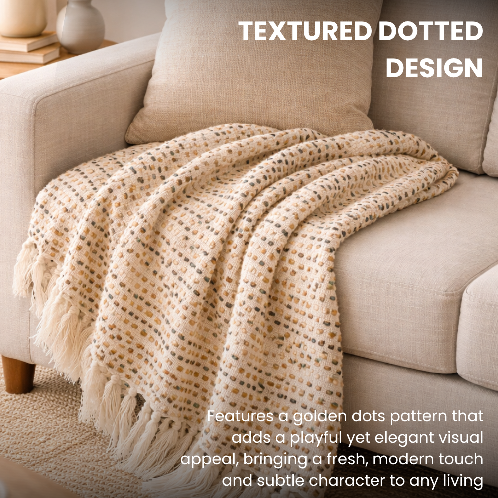 Cosy White Throw with Brown & Black Dots