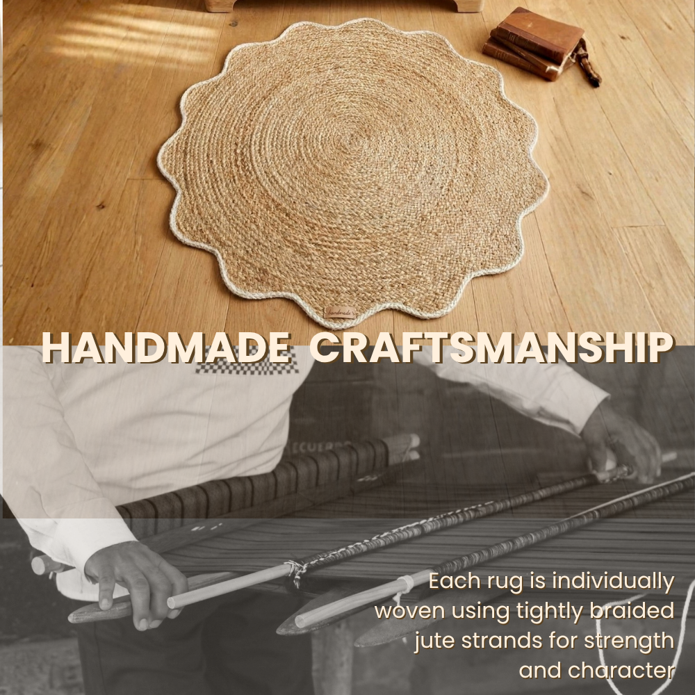 Handmade jute rug on a wooden floor with text about craftsmanship.