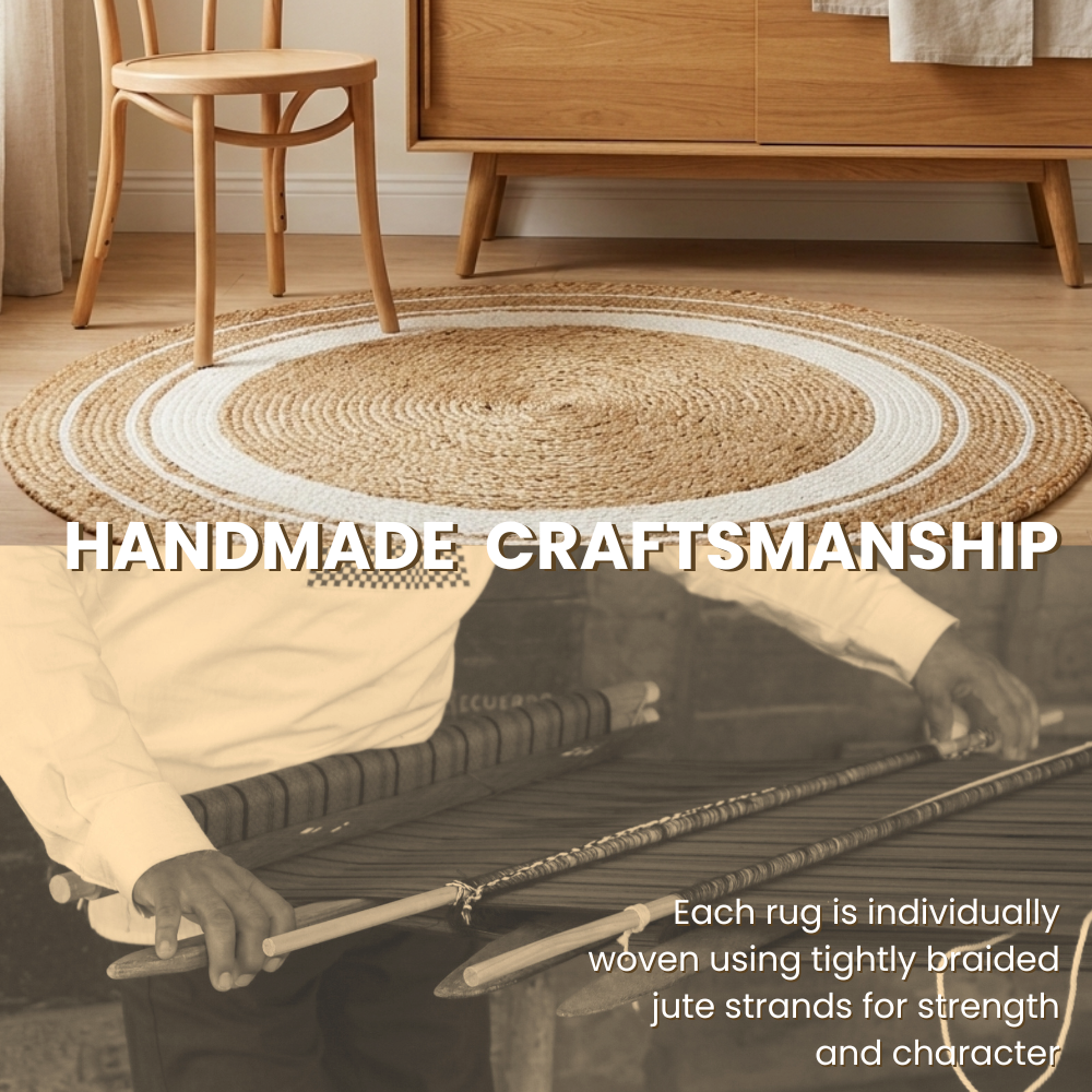 Handmade Natural Jute Boho Rug, Duck Egg Circle