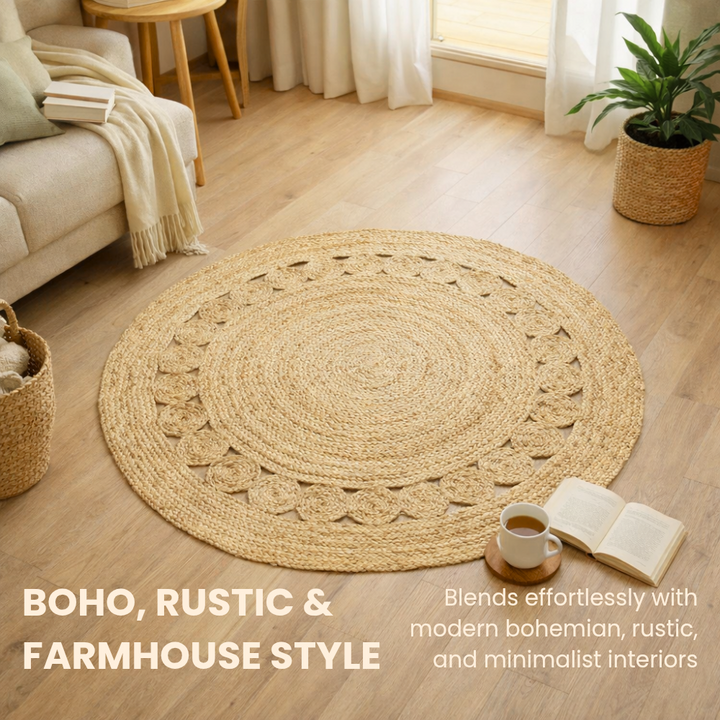Round woven rug in a living room with a cup, book, and plant.