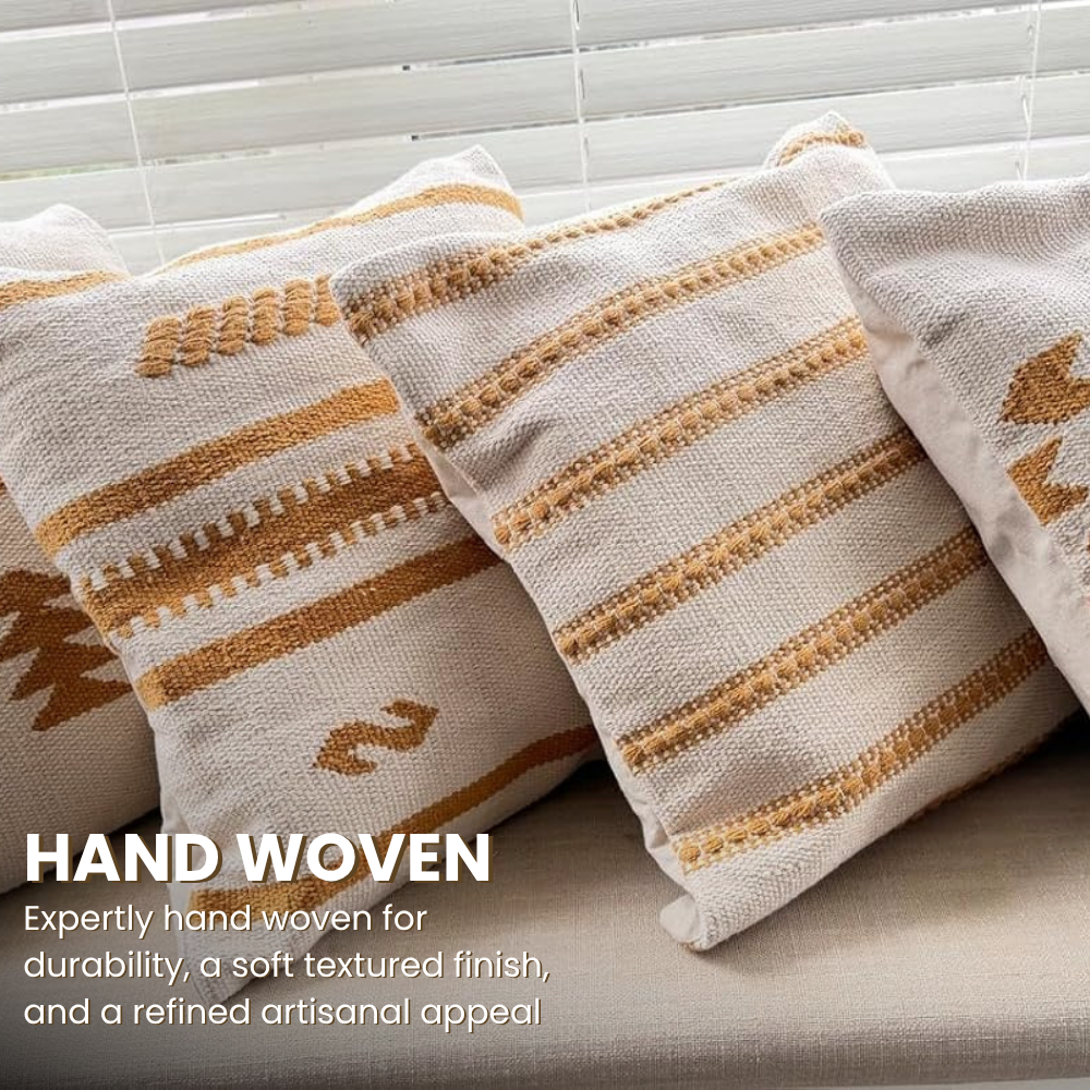 Pure Yellow tan Cotton Cushion Covers, Family Design (Set of 4)