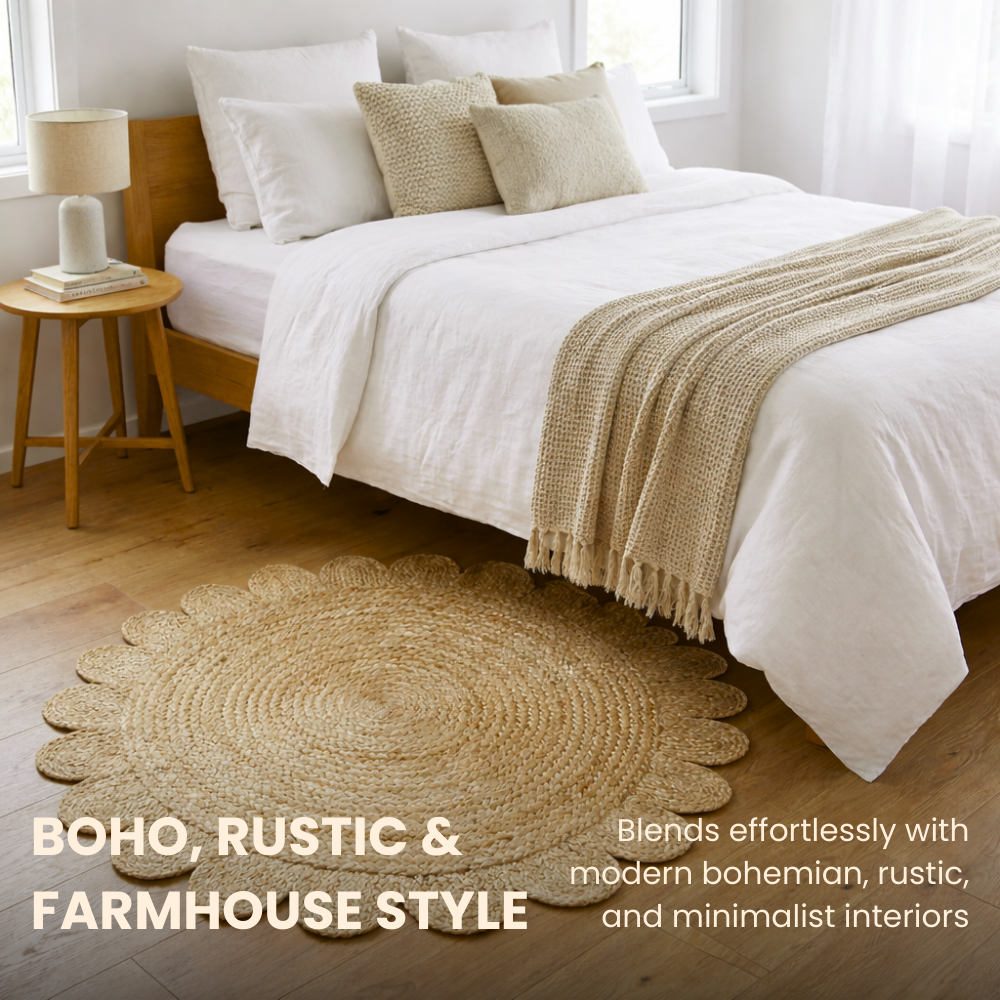 Divine Handicrafts Hibiscus Flower Shaped Eco-Friendly Round Beige Jute Rug