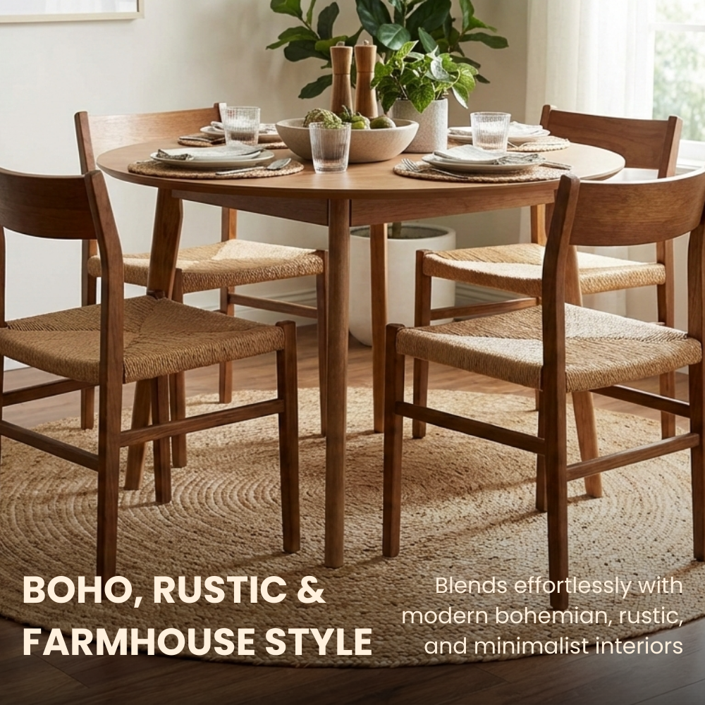 Dining table set with wooden chairs in a room with plants and decor.