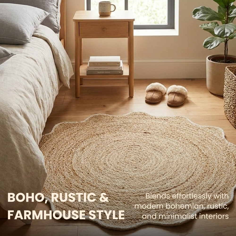 Round woven rug in a bedroom with bed, nightstand, and slippers.