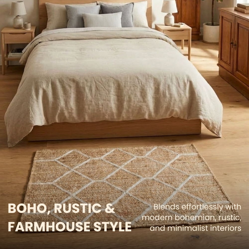 Bedroom with beige bedding, wooden furniture, and a patterned rug.
