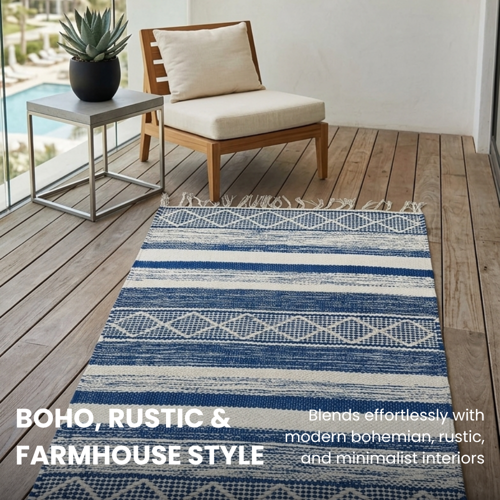 Blue Striped Cotton Chindi Rag Rug 60x90cm