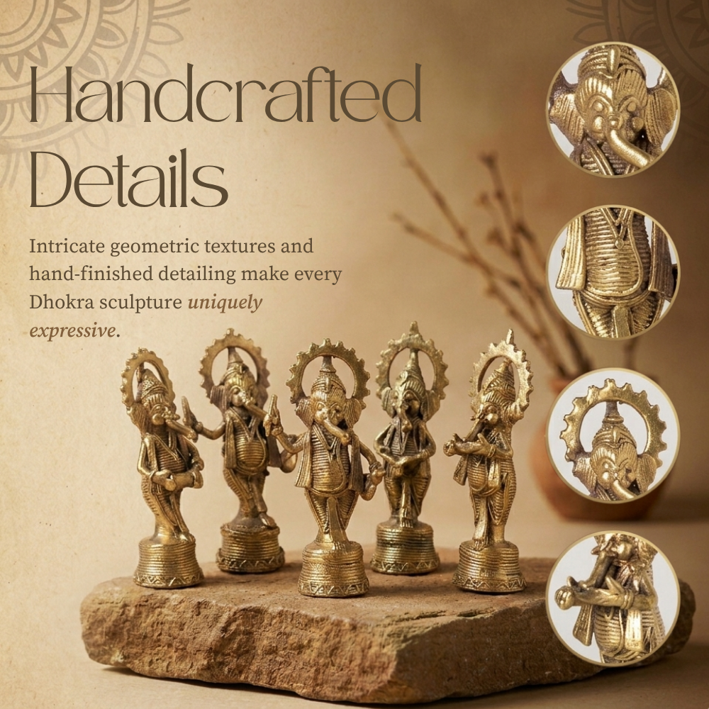 Handmade Dhokra Lord Ganesh Brass Figurine (Set of 5)