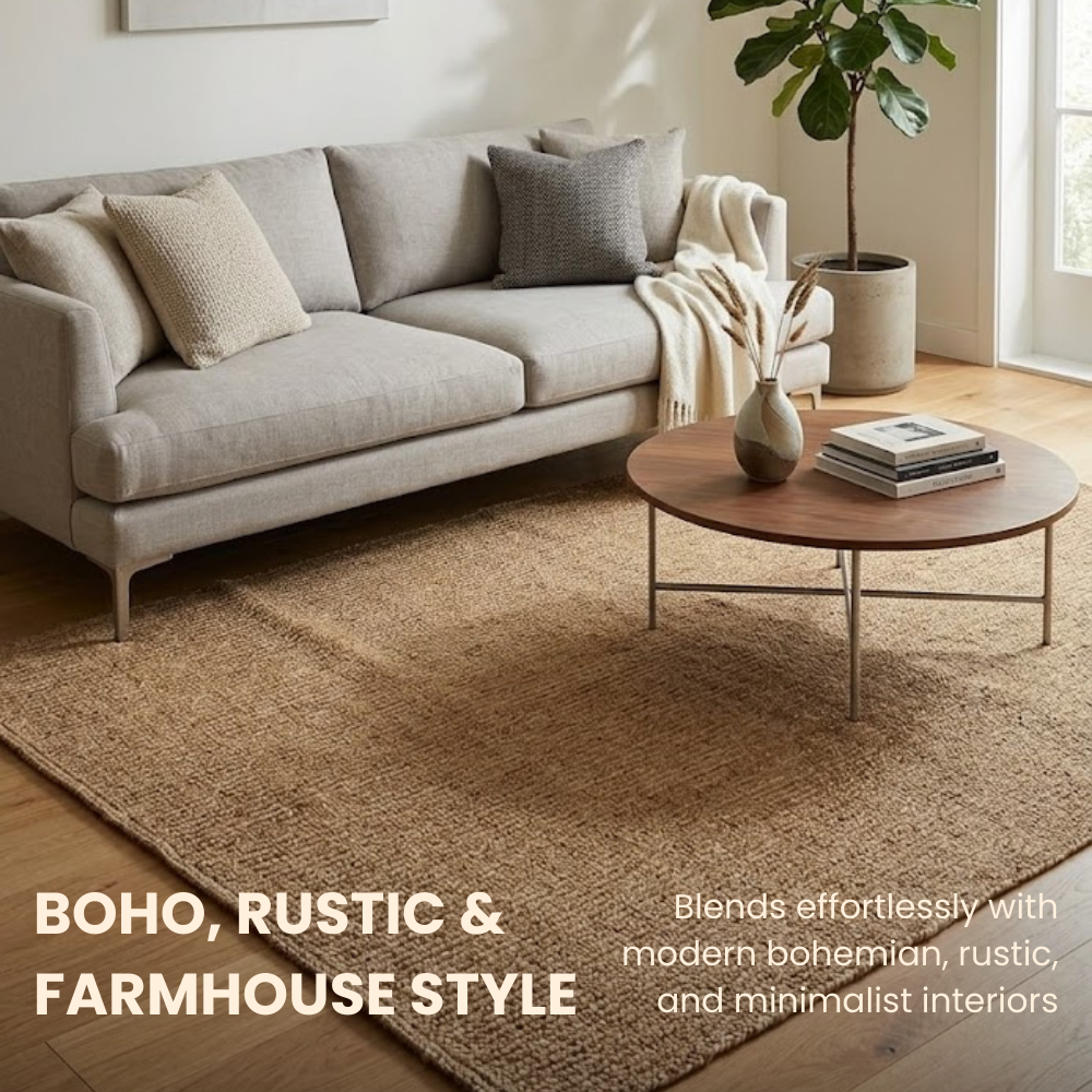 Living room with a gray sofa, wooden coffee table, and rug, featuring boho, rustic, and farmhouse style.
