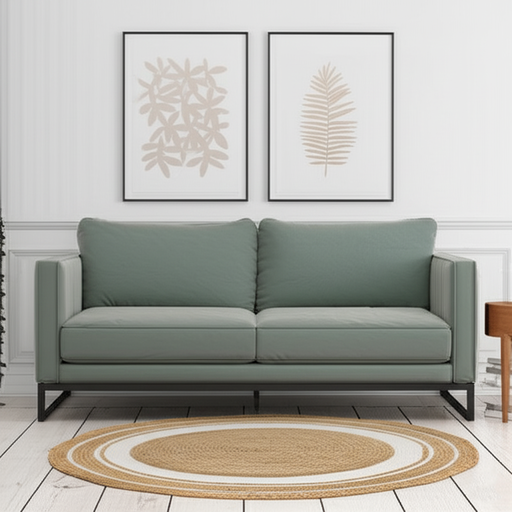 Green sofa in a living room with two framed leaf prints on the wall.