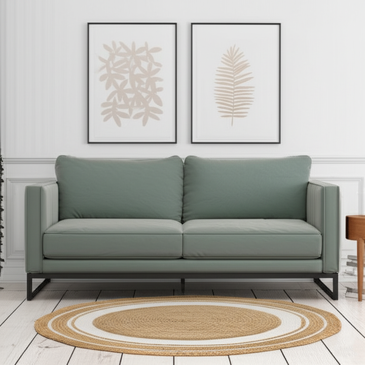 Green sofa in a living room with two framed leaf prints on the wall.