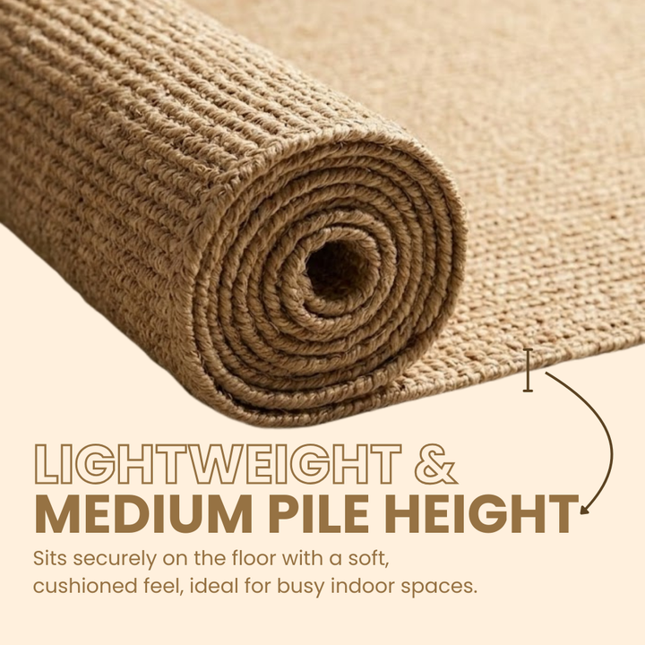 Rolled-up beige carpet with text highlighting its features on a beige background