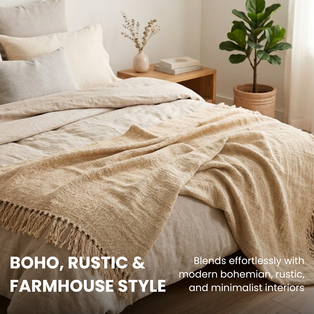 Natural Beige Cotton Throw, Fringed