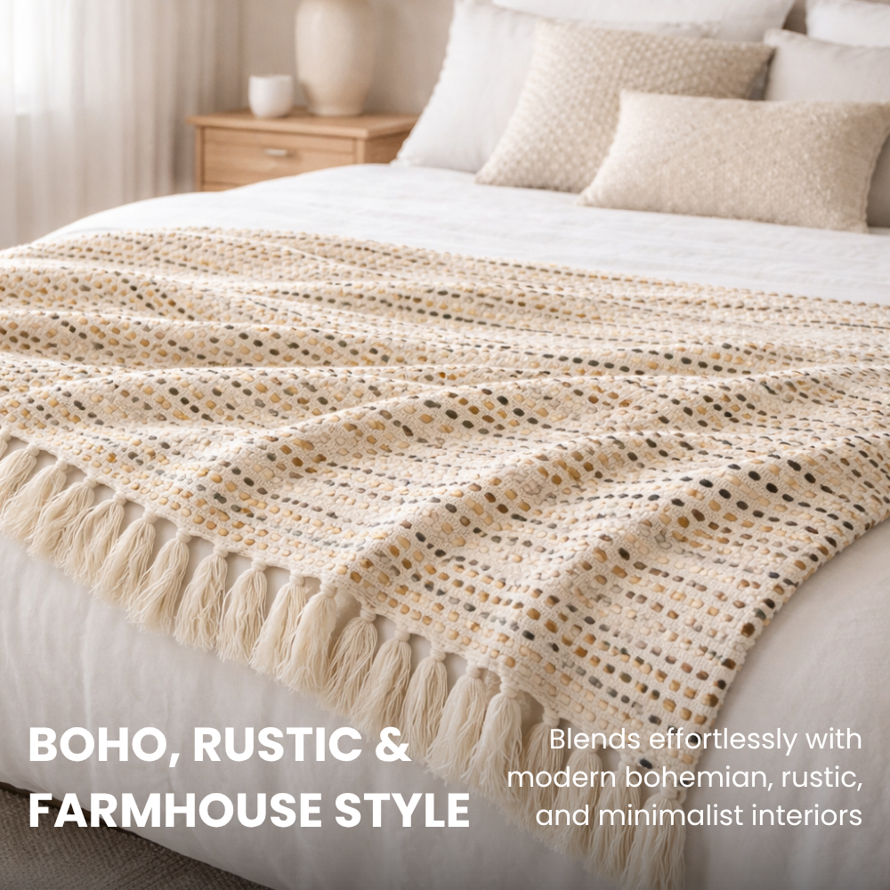Cosy White Throw with Brown & Black Dots
