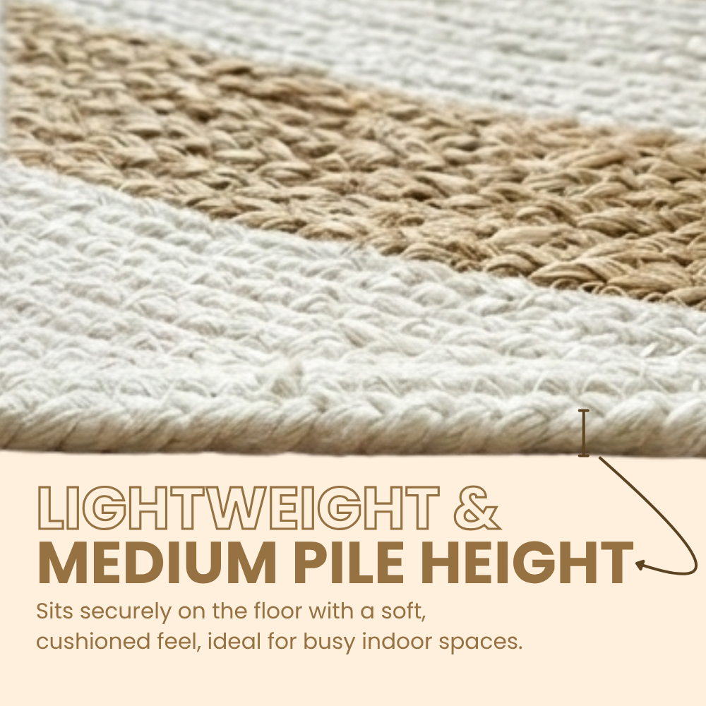 Text about a rug with a medium pile height and cushioned feel, suitable for busy indoor spaces.