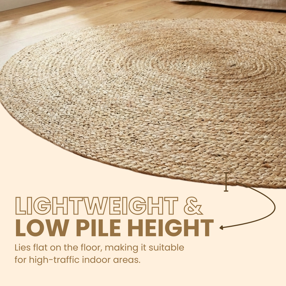 Round jute rug on a wooden floor with text highlighting its lightweight and low pile height.