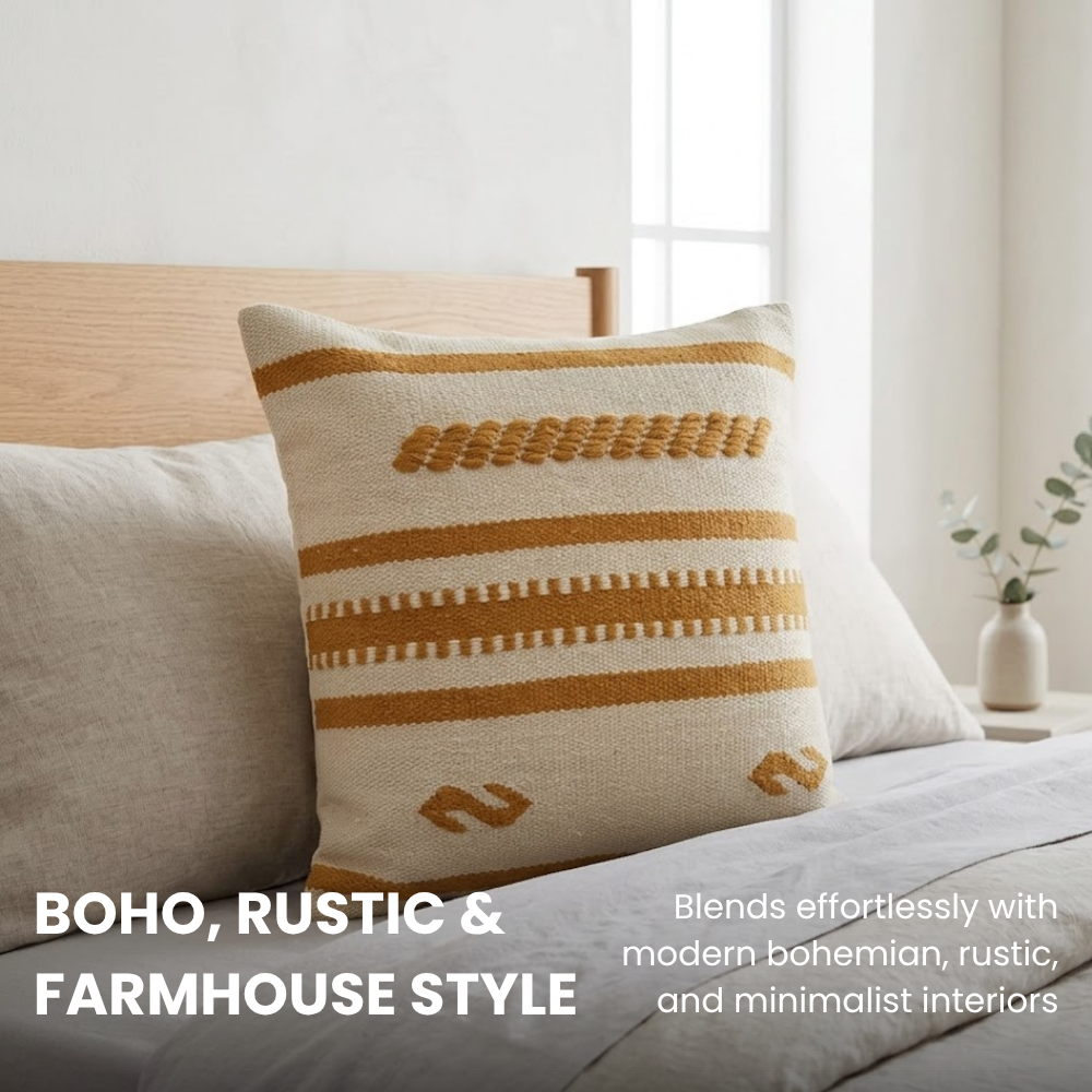 Pure Yellow tan Cotton Cushion Covers, Family Design (Set of 4)