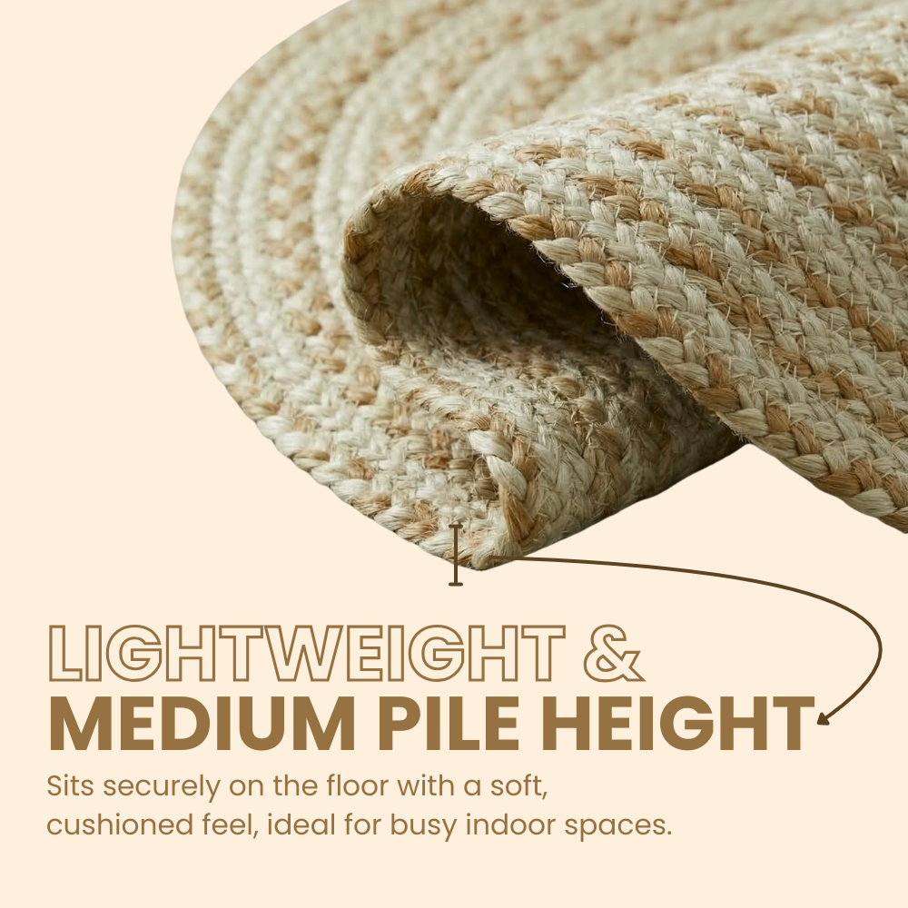 Rolled-up woven mat with text highlighting lightweight and medium pile height on a beige background