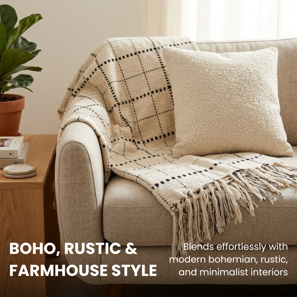 Black Checked Cotton Sofa Throw 50x70in